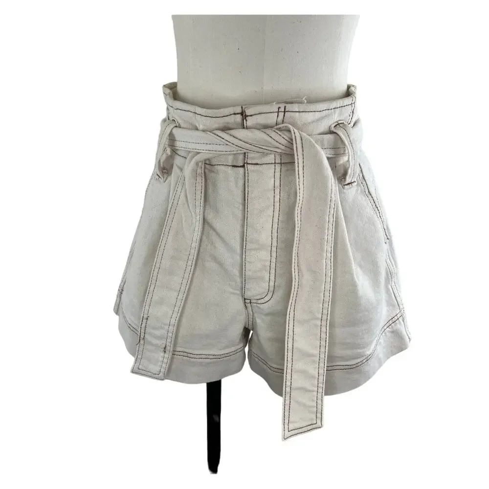 Happy x Nature Off White Tie Waist Cotton Blend Women's Stretch Shorts Size M
